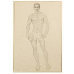 "Footballer," Rare, Early Drawing of Semi-Nude Male with Football by Lear