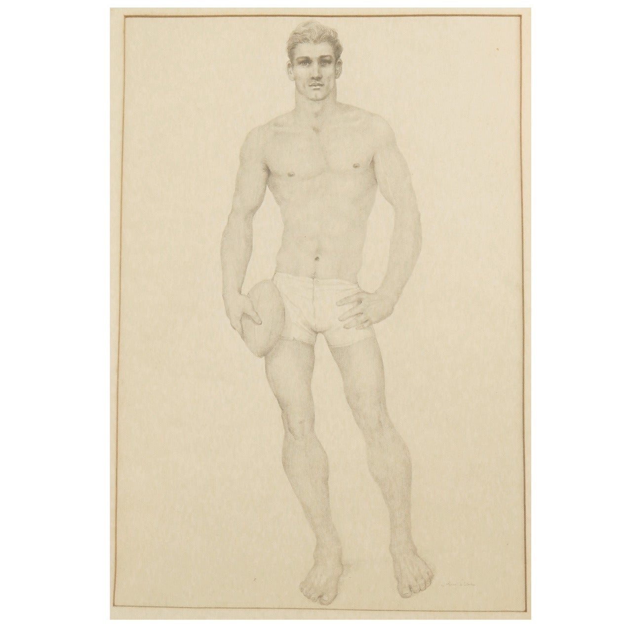 "Footballer, " Rare, Early Drawing of Semi-Nude Male with Football by Lear