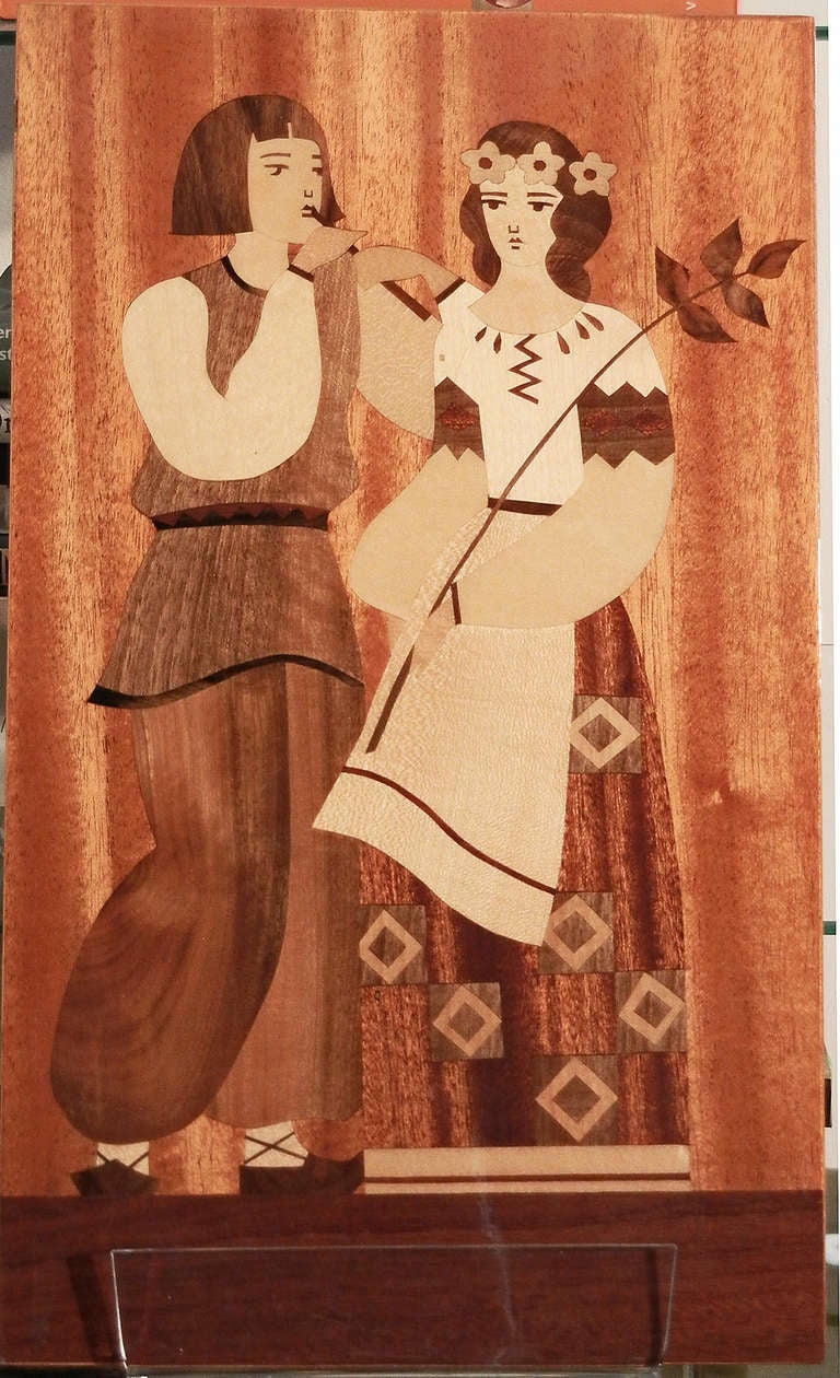 Beautifully crafted of walnut, mahogany, beech and other hardwoods, this wood inlay panel depicting a peasant couple was sold as a souvenir in the Transcarpathian region of the Ukraine, probably after World War II.  The artisanry is fine, and the