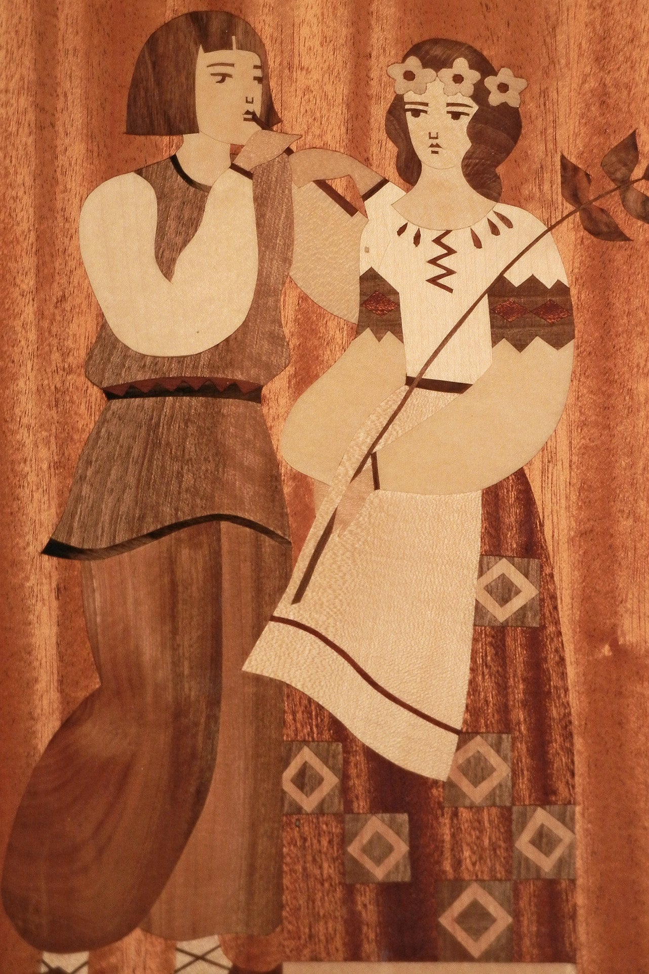 "Couple in Folk Costume, " Art Deco Panel w/ Wood Inlay, USSR For Sale