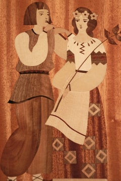 "Coppia in costume popolare", pannello Art Déco con intarsi in Wood, URSS