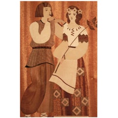 "Couple in Folk Costume, " Art Deco Panel w/ Wood Inlay, USSR