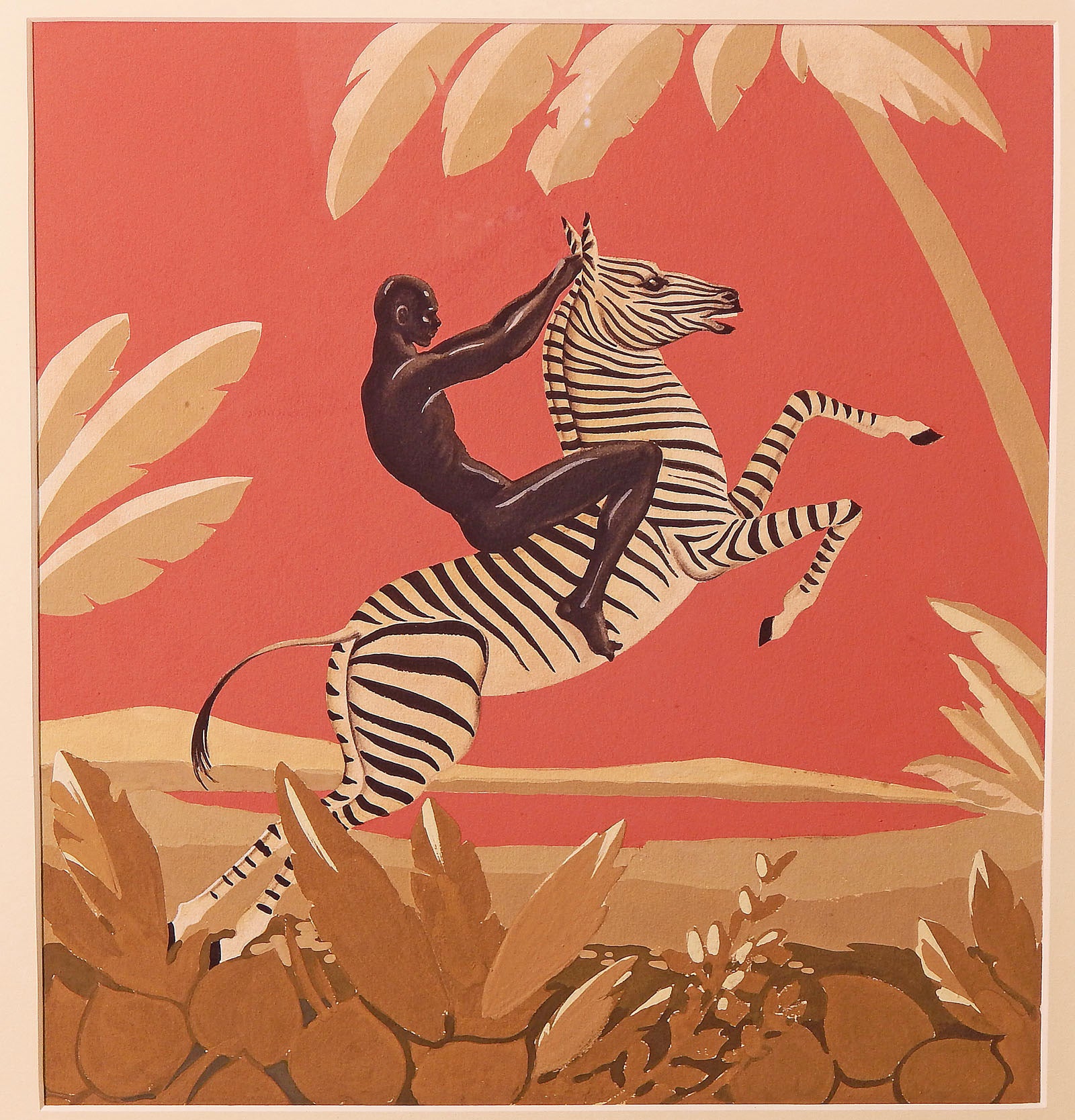 "African Nude Riding Zebra, " Brilliant Art Deco Painting, Gouache