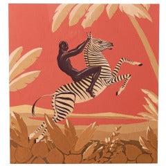 "Nu africain chevauchant un zèbre":: peinture Art déco brillante:: gouache