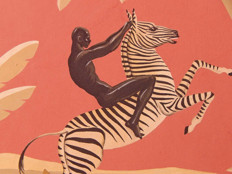 Framed by stylized Art Deco palm leaves and foliage, this image of a black male nude riding a rearing zebra is visually stunning.  The coral-hued backdrop provides a dramatic relief for the nude in profile, his steed emphasizing the exotic African