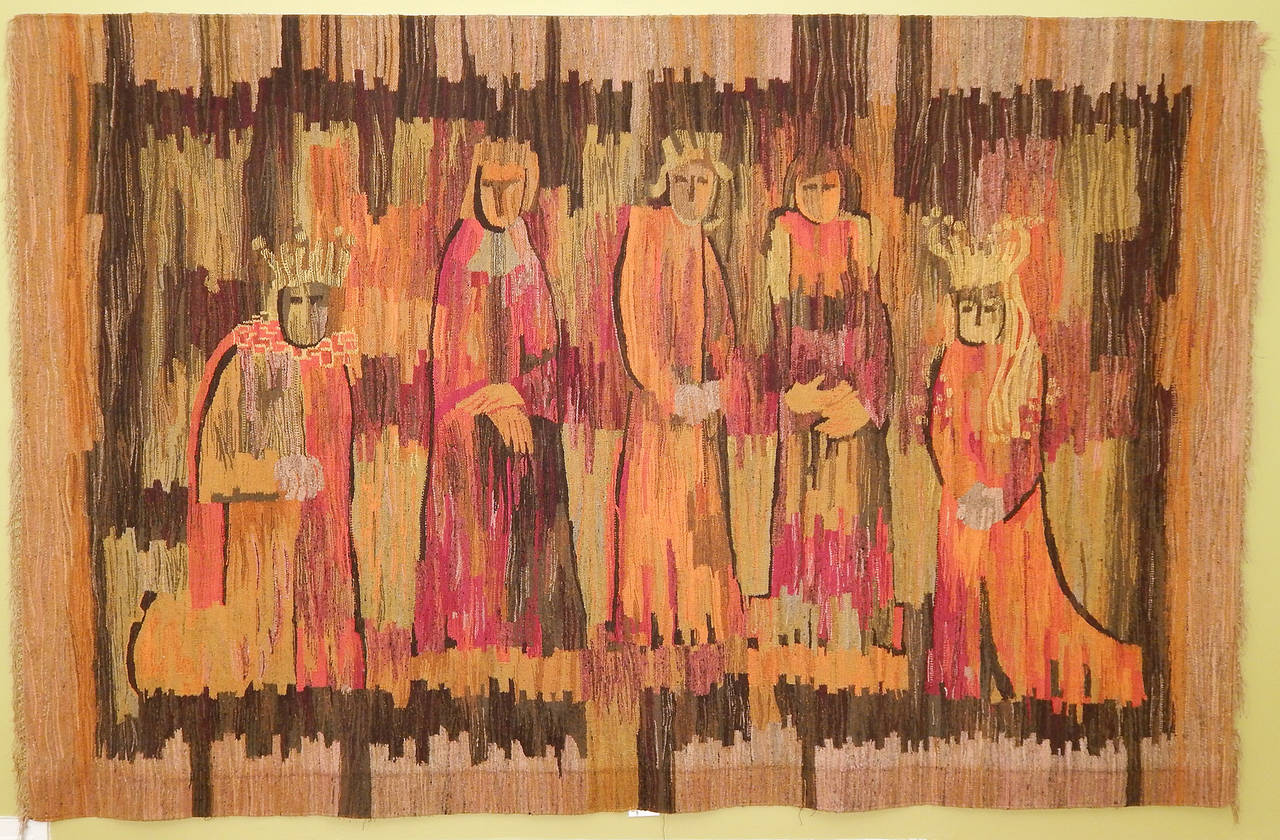 Magnificent in design, palette and artisanry, this very rare, monumental wool and linen tapestry was made in Soviet-era Poland. It was designed by M. Dudzinska and woven by Z. Grzybek for a prominent artist cooperative known as the Center for Folk
