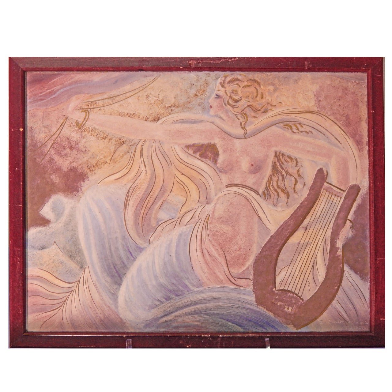 "Nude with Lyre, " Important Art Deco Painted Ceramic Panel, 1935