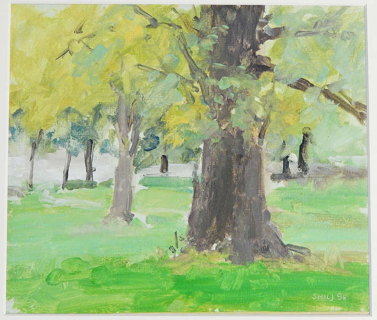 Painted before he was widely known and exhibited, this oil by Stuart Shils is vibrant with verdant green and brilliant yellow tones -- a Fine example of modern American Impressionism. Shils studied at the Pennsylvania Academy of Fine Arts, and