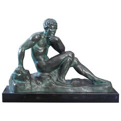 Vintage "Seated Male Nude, " Rare Art Deco Bronze Sculpture by Ouline