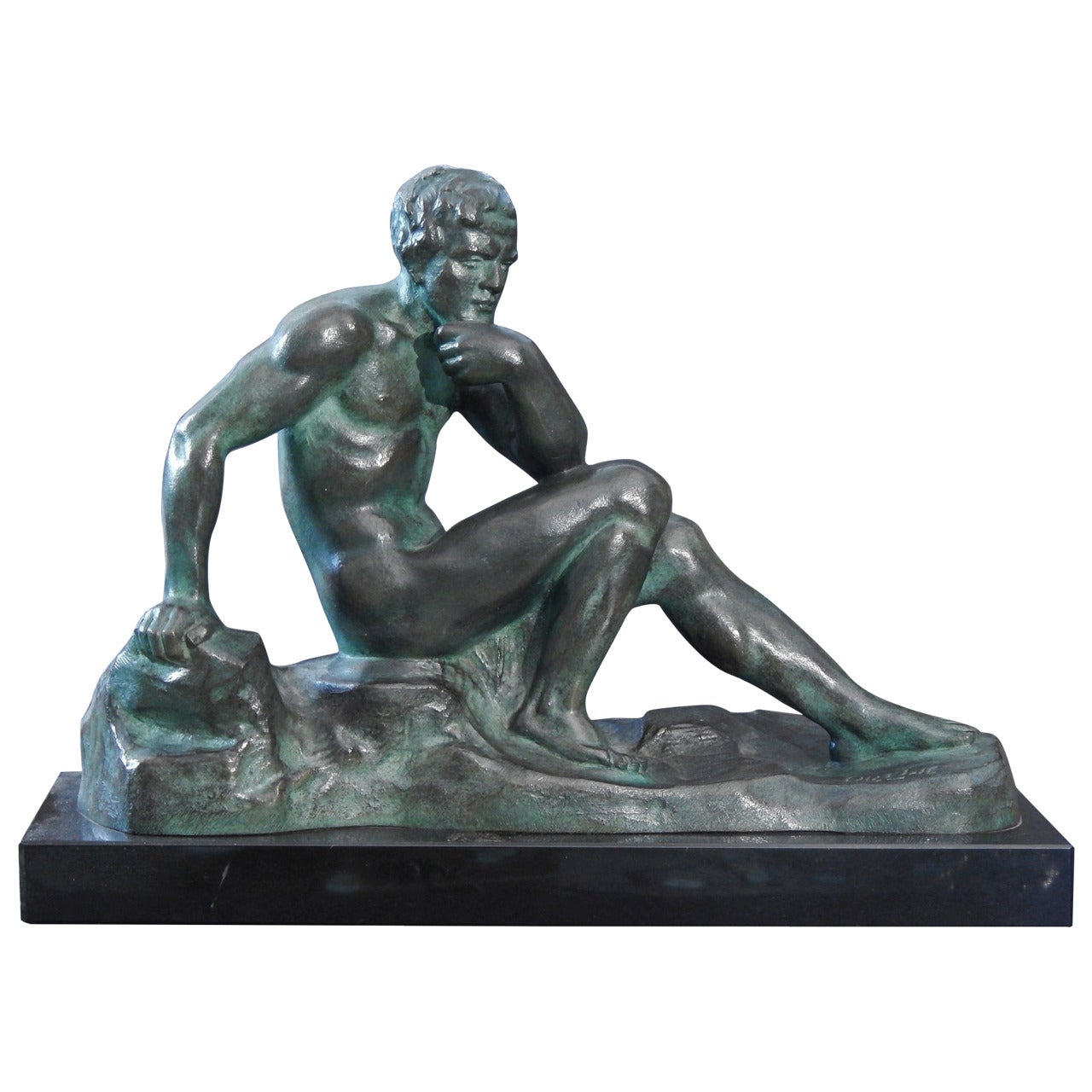 "Seated Male Nude, " Rare Art Deco Bronze Sculpture by Ouline