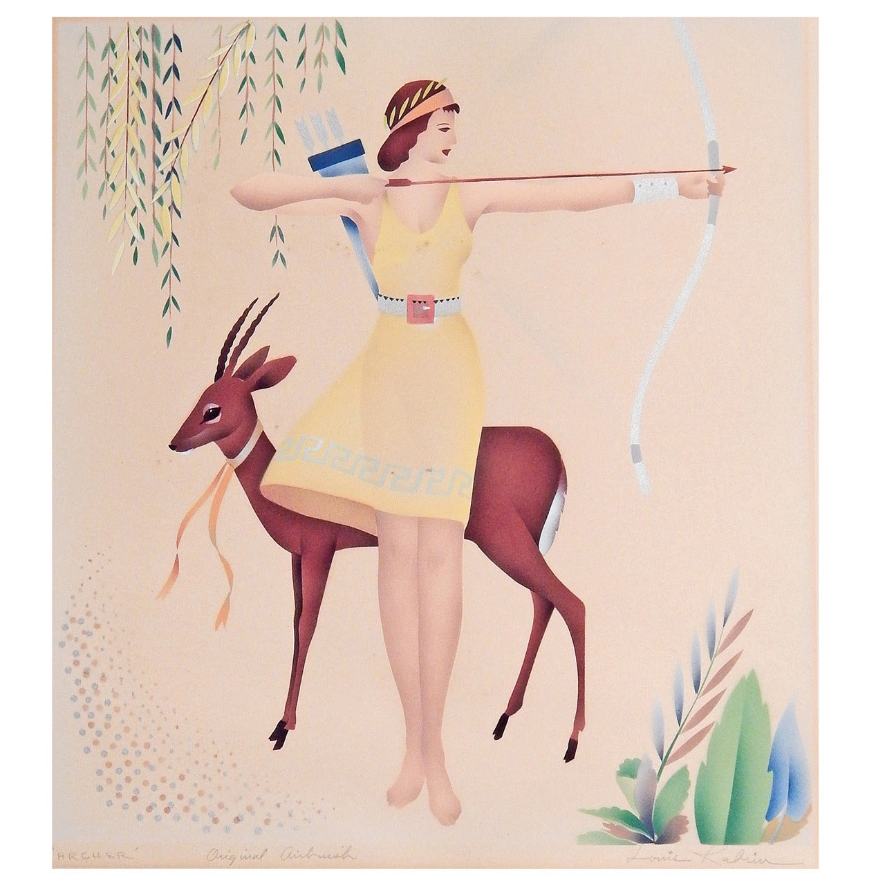 "Archer, " Lovely Art Deco Aquatone by Louis Kabrin, High Style Art Deco