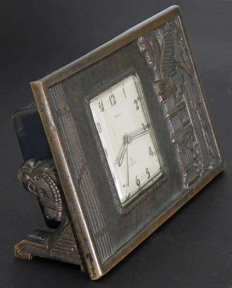 American Rare and Important Art Deco Bronze Desk Clock with Assyrian Motif, Los Angeles