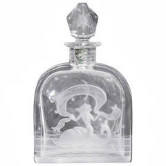 Vintage "Mermaid Riding Dolphin, " Rare Engraved Art Deco Perfume Flask by Orrefors