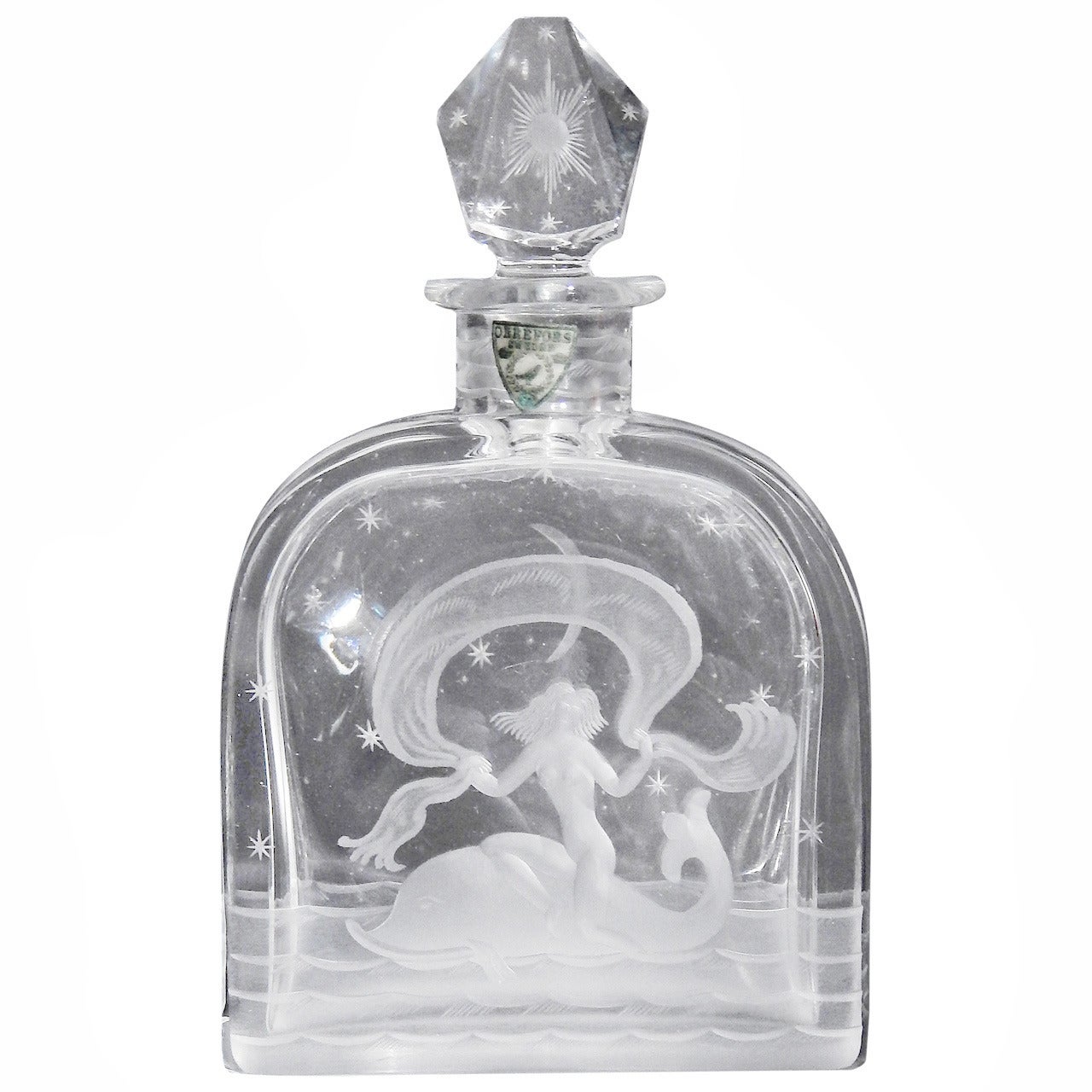 "Mermaid Riding Dolphin, " Rare Engraved Art Deco Perfume Flask by Orrefors