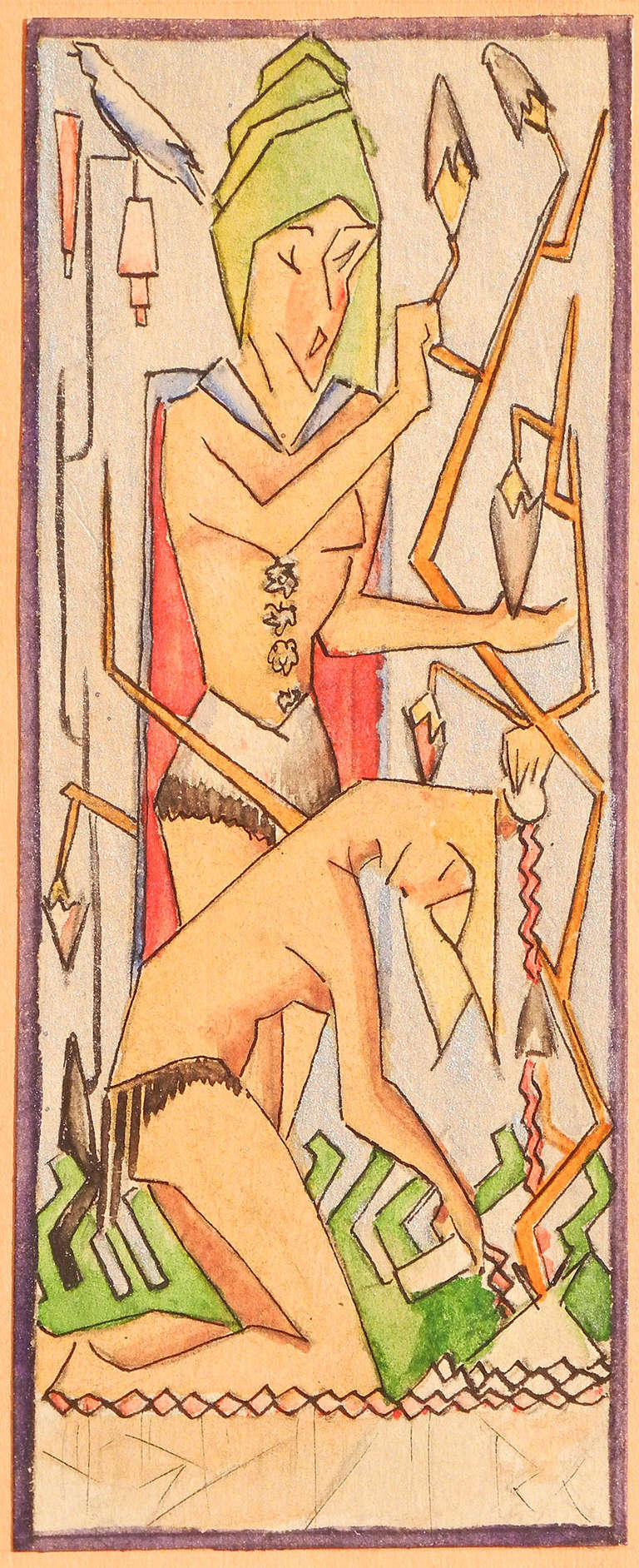Claramente influido por los motivos decorativos de Frank Lloyd Wright, Rennie Mackintosh y los secesionistas, este notable estudio para un conjunto de cuatro murales (o cuatro paneles de un biombo) representa una serie de figuras masculinas desnudas