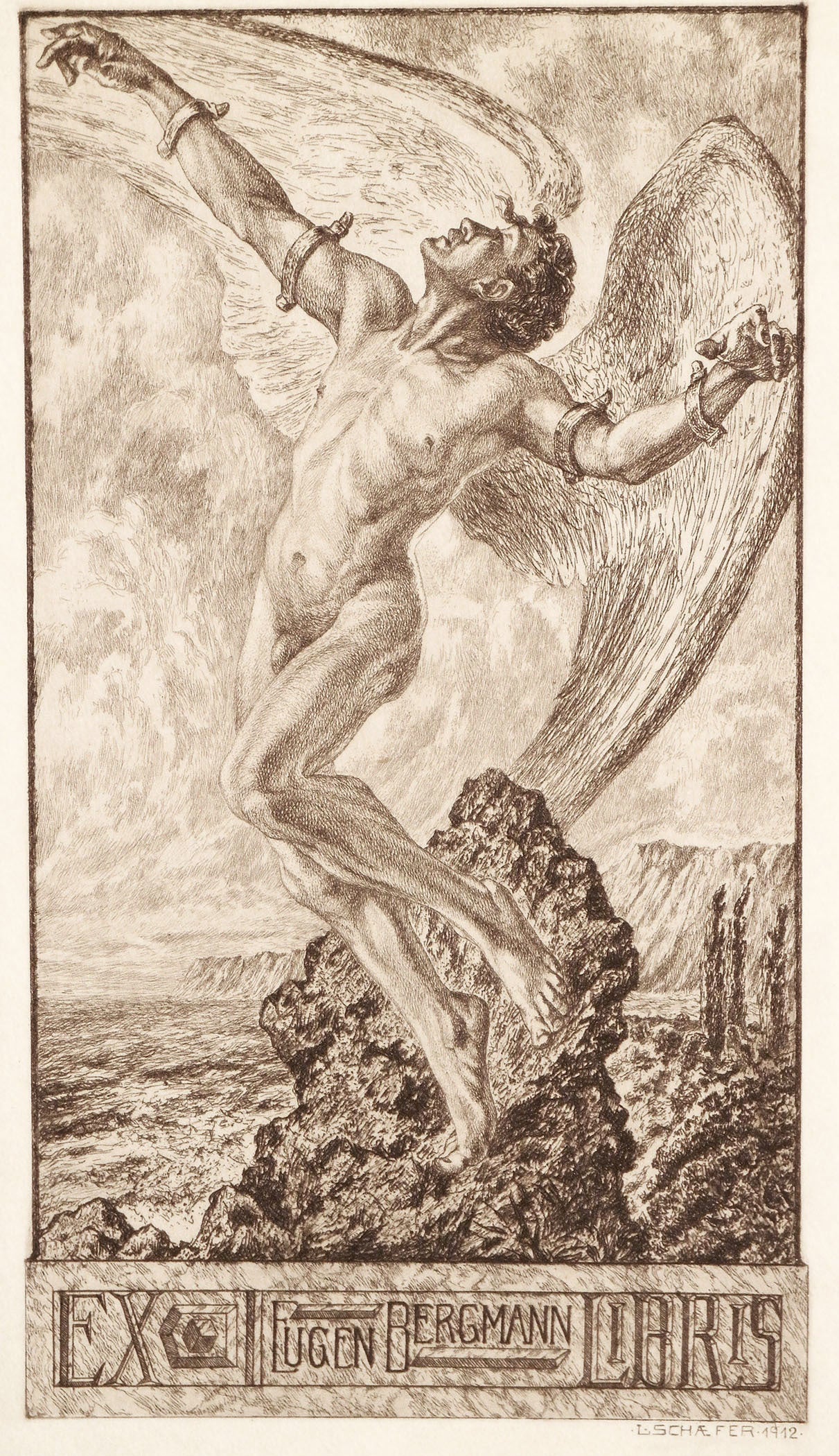 „Icarus“, seltene große Buchplatte von Schaefer für Eugen Bergmann, „Icarus“ im Angebot