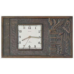 Vintage Rare and Important Art Deco Bronze Desk Clock with Assyrian Motif, Los Angeles