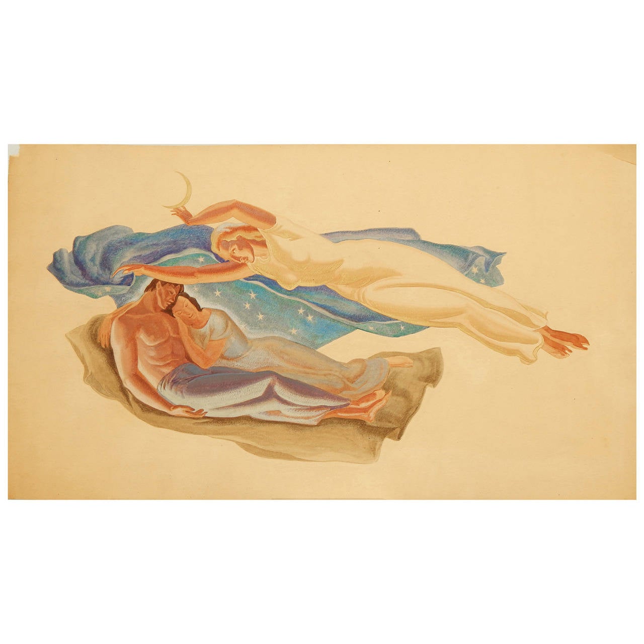 "Diana Keeping Watch," Important Art Deco Mural Study by Dunbar Beck  For Sale