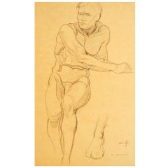 Antique "Seated Male Nude, " Drawing by Joe Waano Gano