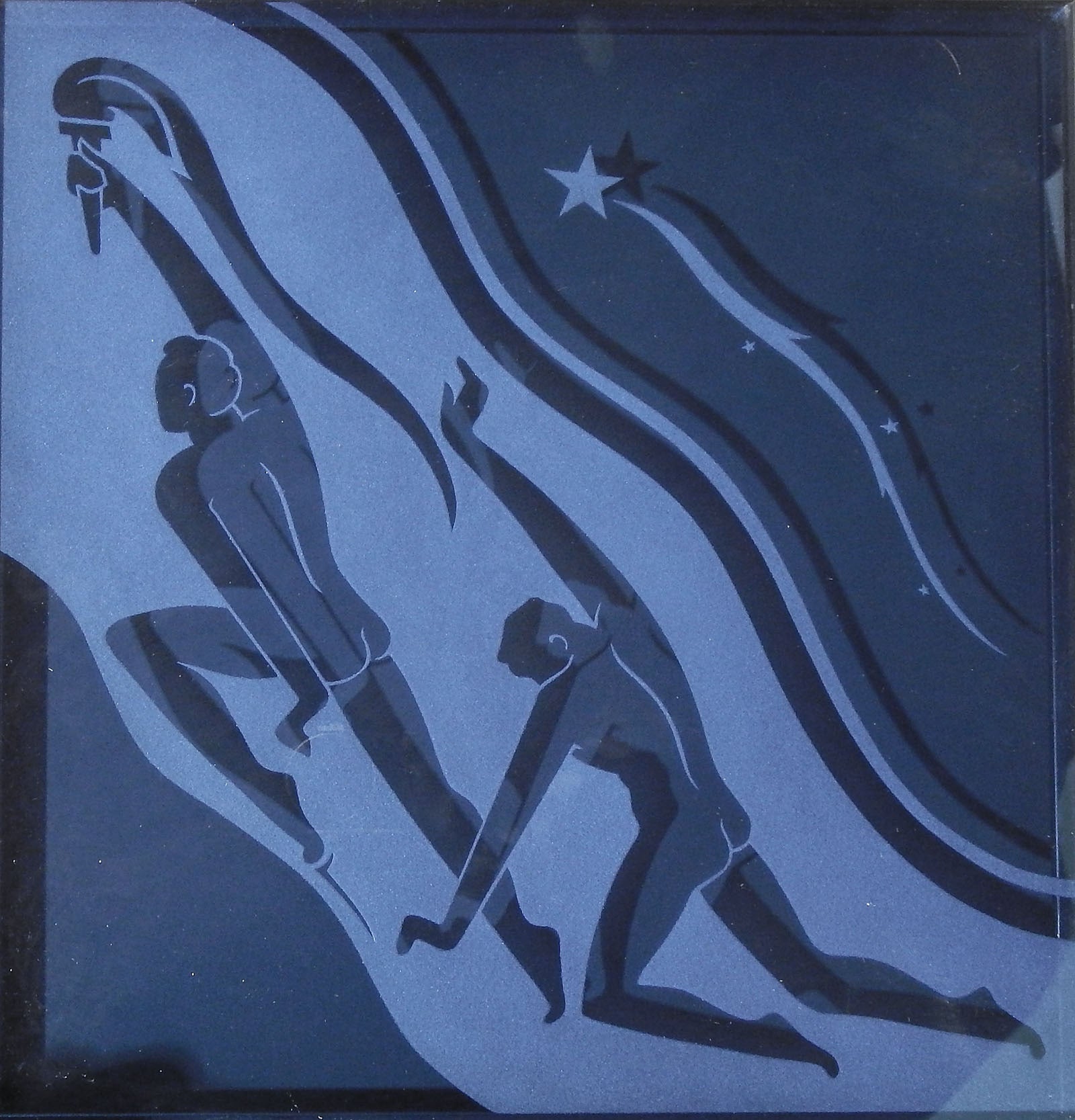 "Torchbearers, " Art Deco Etched Glass Panel with Nude Males