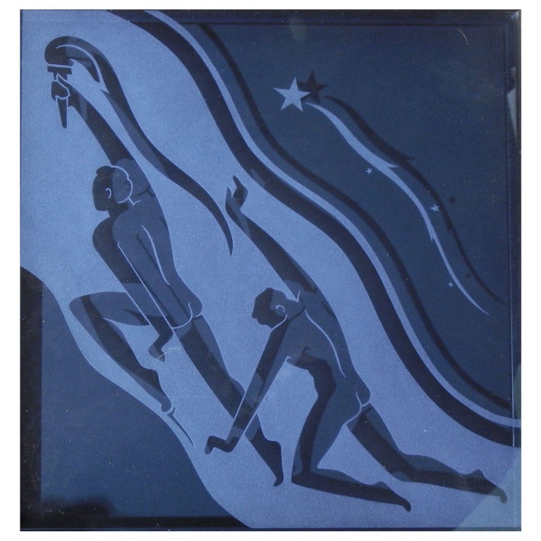 "Torchbearers, " Art Deco Etched Glass Panel with Nude Males