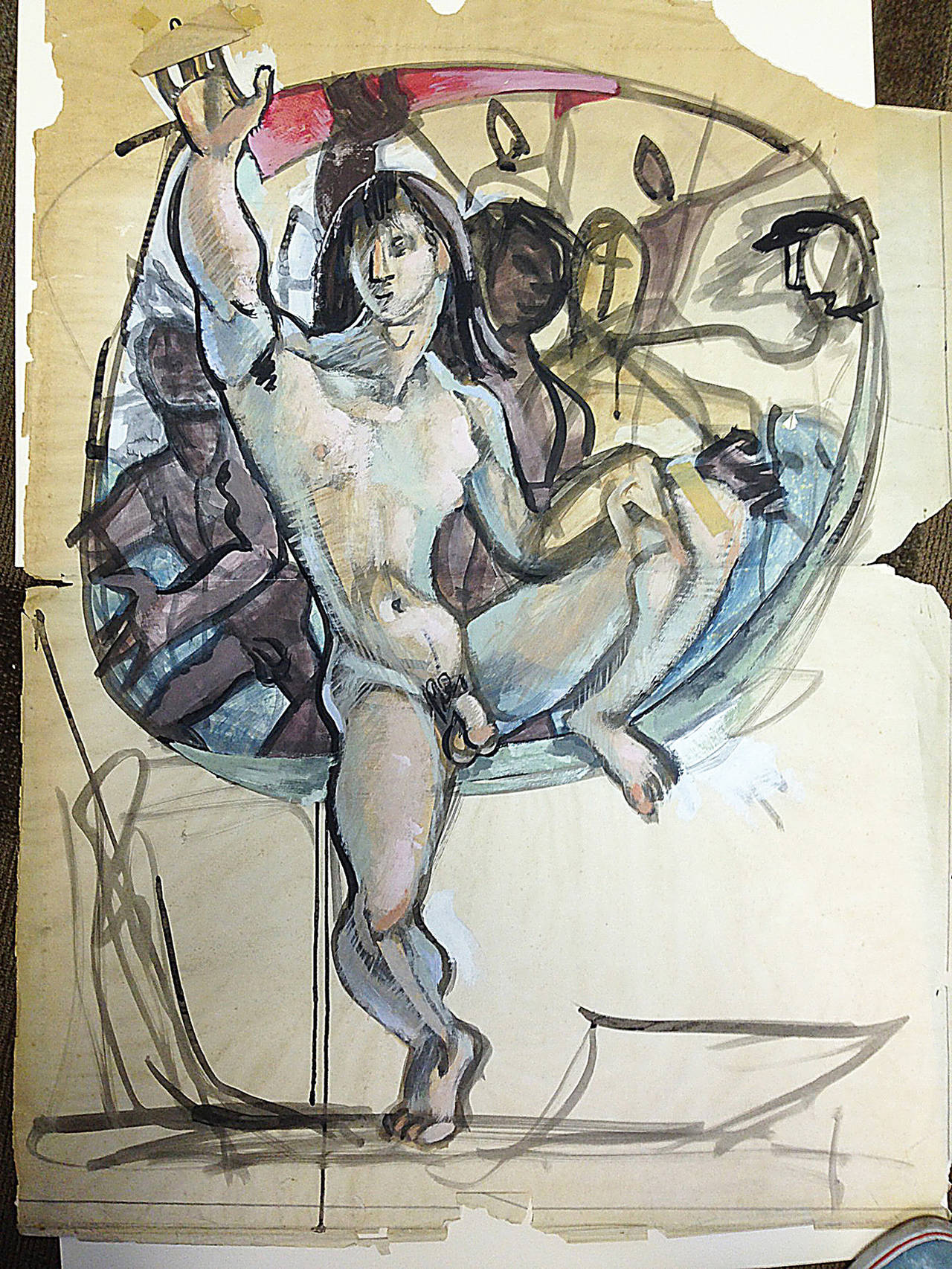 This very large and energetic sketch, depicting several nude figures stepping forward through a circular opening, was painted by Raoul Pene du Bois, probably as a preparatory piece for one the many Broadway productions he helped to create. Famed as