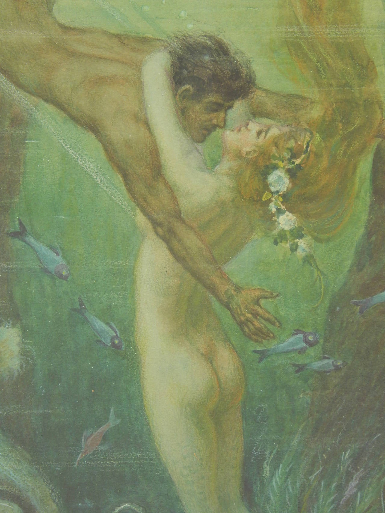 Infused with the gorgeous, translucent green hue of the deep ocean and imbued with a fantastical sensuality, this Art Deco masterpiece was painted by Ferenc Helbing, Hungary's master of exoticism and fantasy. Helbing had been a commercial artist of