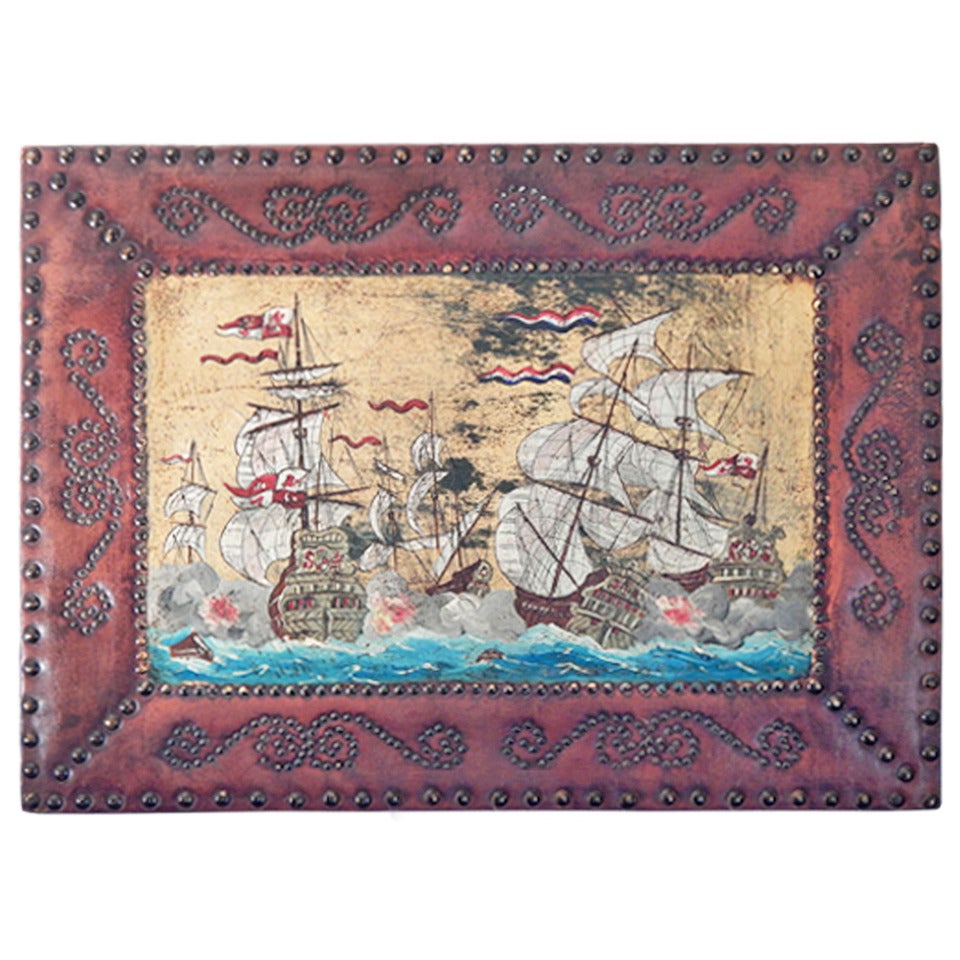 "Sea Battle, " Very Fine Painting on Leather with Studded Leather Frame circa 1930