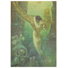 Vintage "The Mermaid's Embrace, " Undersea Art Deco Masterpiece Painting by Helbing, 1948