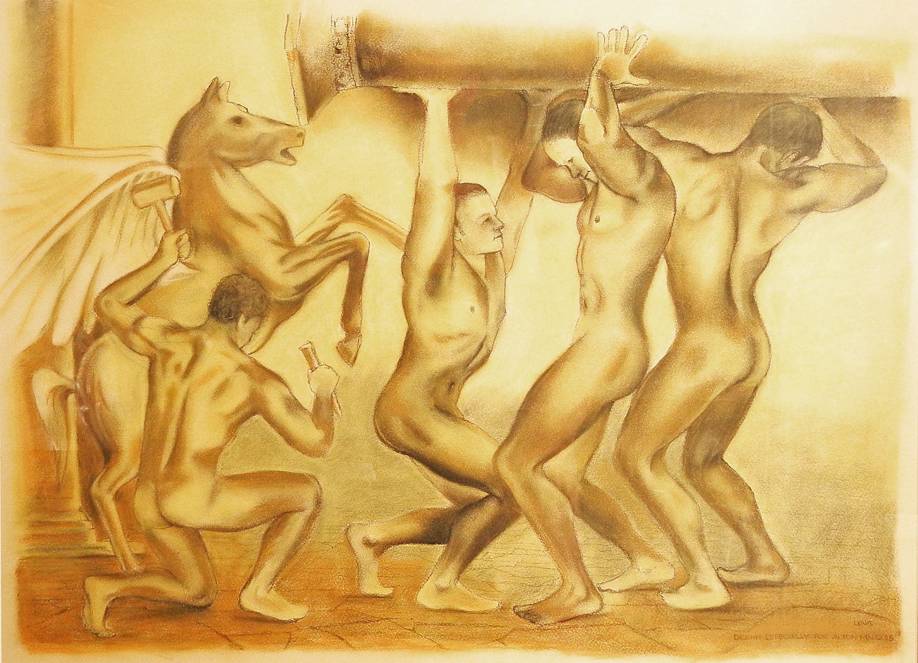 "Nudes with Column, " Art Deco Pastel by Lewis For Sale