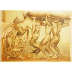 "Nudes with Column, " Art Deco Pastel by Lewis