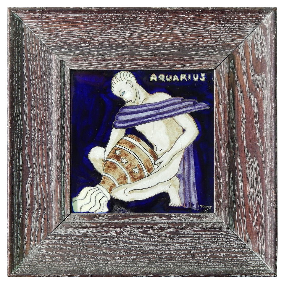 "Aquarius, " Important Art Deco Tile with Nude Male and Cerused Oak Frame