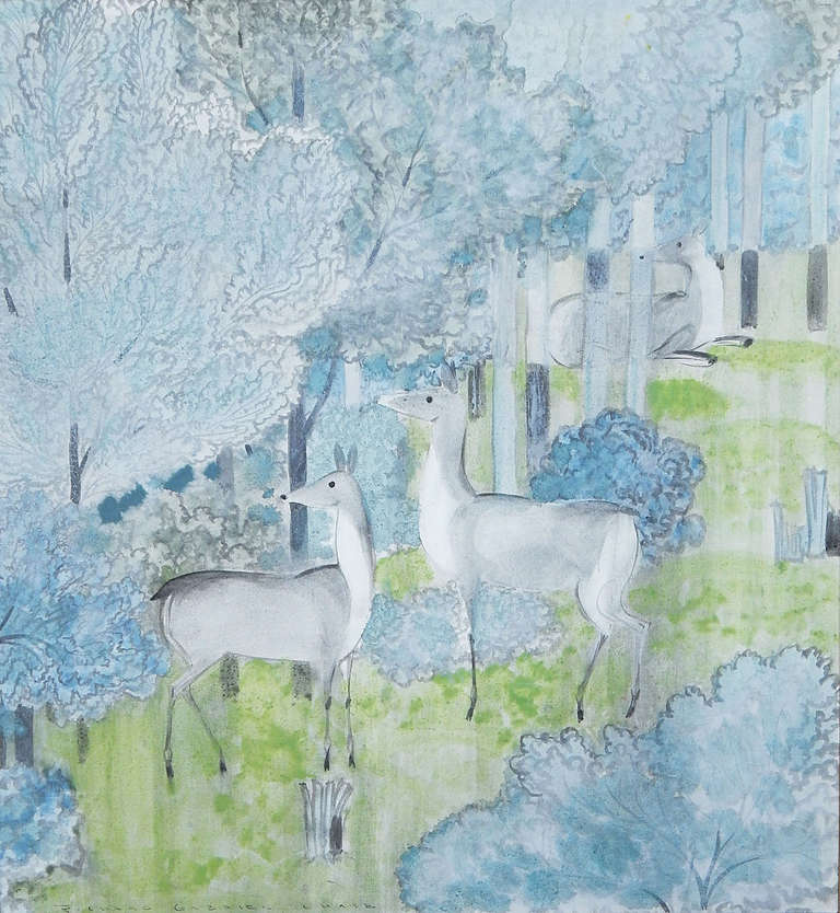 Beautifully stylized, as if the artist were commissioned to design a tapestry or mural, this view of three deer in a lovely tree-ringed glade, is dominated by an unusual, striking palette of chartreuse and icy-blue. The artist, Richard Gabriel