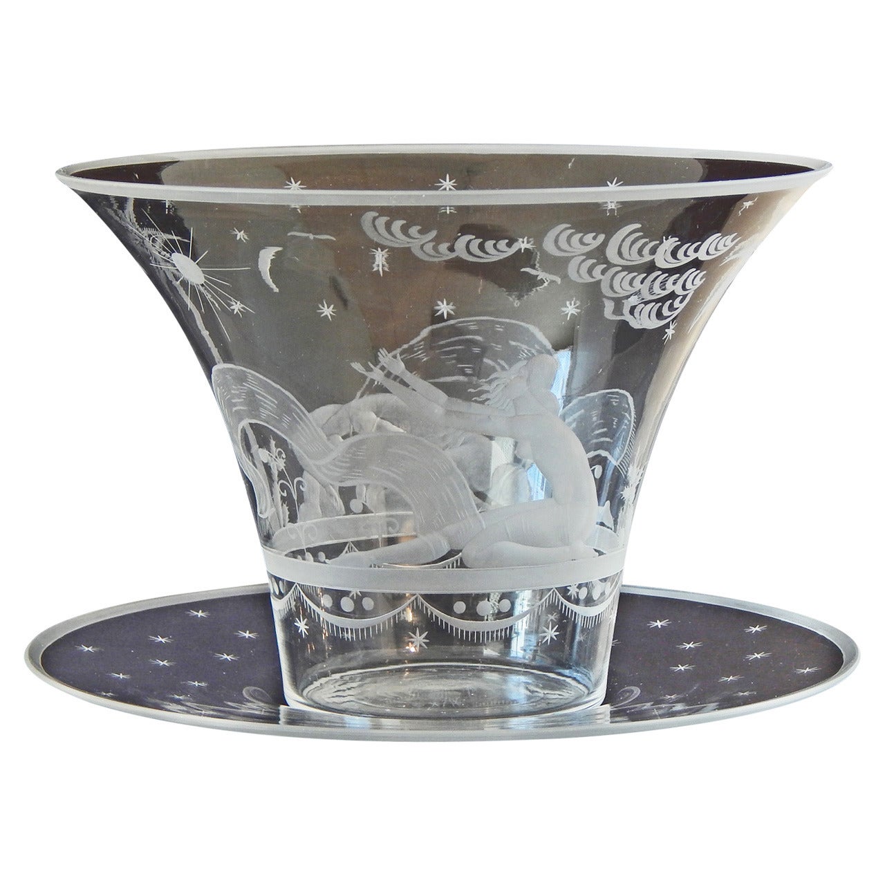 "Supplication to Sun and Moon, " Tour de Force Art Deco Vase, Engraved Glass