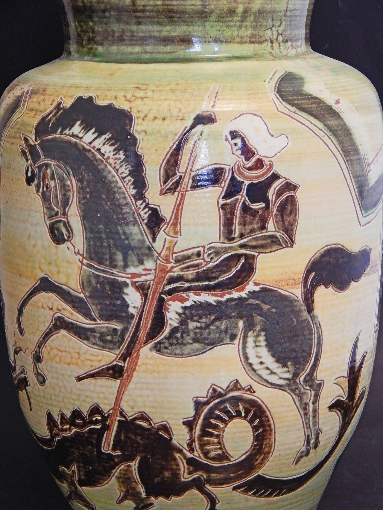 "St. George Slaying the Dragon, " Large Art Deco Urn from Denmark