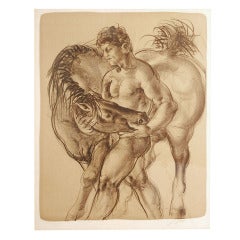 "Nude Youth with Horse," Early, Rare Print by Hans Erni