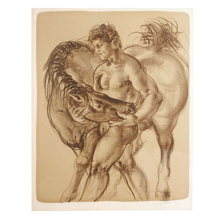"Nude Youth with Horse, " Early, Rare Print by Hans Erni