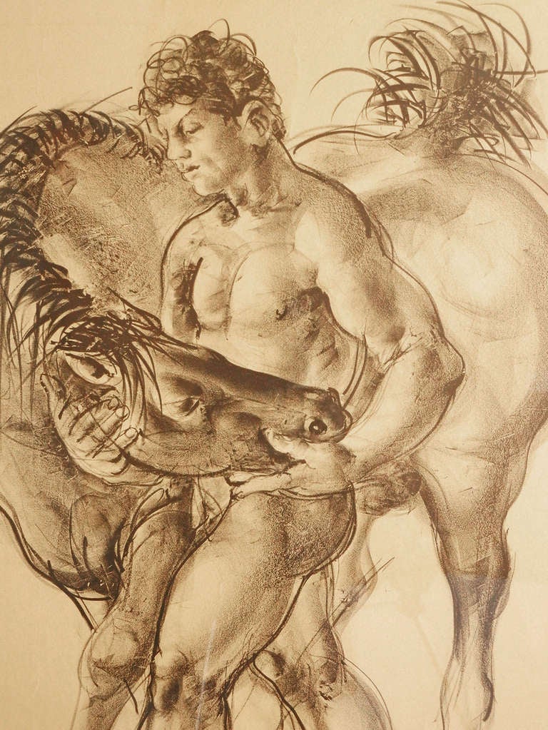 Creata da Hans Erni, probabilmente l'ultimo grande artista figurativo del XX e dell'inizio del XXI secolo, questa stampa di un giovane uomo nudo che tiene in mano la testa di un cavallo è un primo e importante esempio dell'opera dell'artista.  Prima