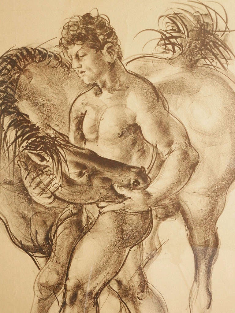 Created by Hans Erni, arguably the last great, figurative artist of the 20th and early 21st centuries, this print of a nude male youth holding the head of a horse is an early and important example of the artist's oeuvre.  Before he died recently,