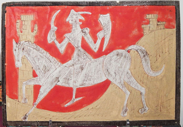 Clearly showing the influence of Cubism and Picasso, this pair of high-energy glazed tiles depict knights on horseback -- all in a grisaille palette of white and charcoal -- against a backdrop of castellated towers and blood orange sky.  Each