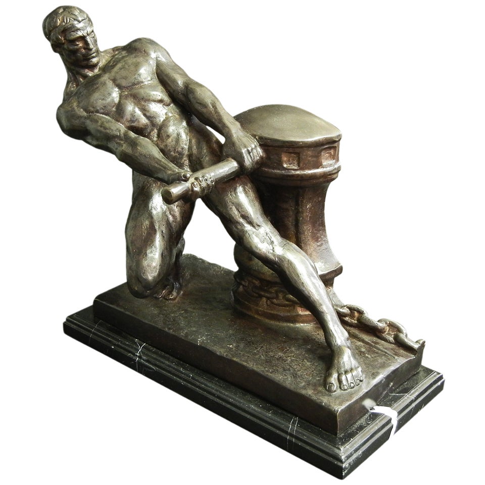 "Winding the Winch, " Rare, Substantial Bronze by Henri Bargas