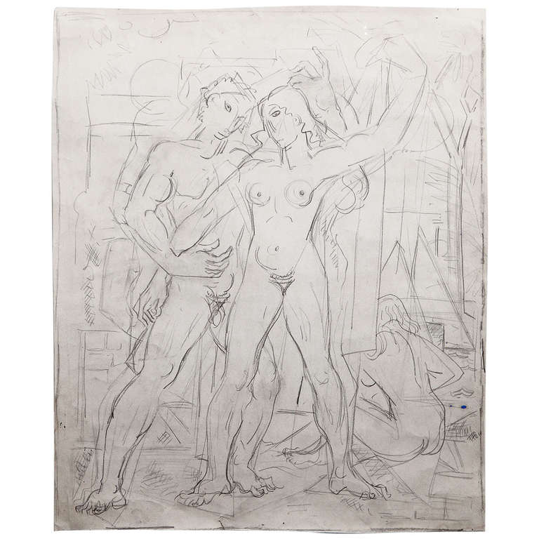 « Adam et Ève », croquis au crayon pour une peinture murale Art Déco de Fely-Mouttet, 1930