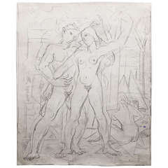 "Adam and Eve," Pencil Sketch for Art Deco Mural by Fely-Mouttet, 1930