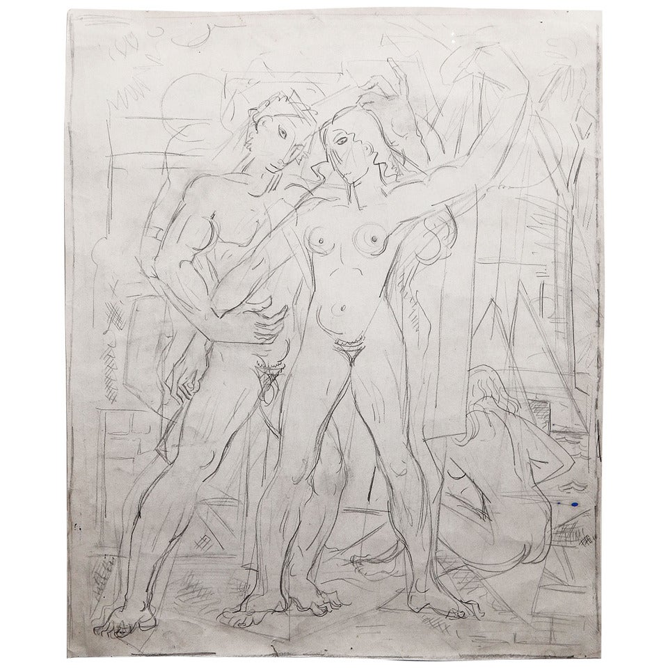 "Adam and Eve, " Pencil Sketch for Art Deco Mural by Fely-Mouttet, 1930 For Sale