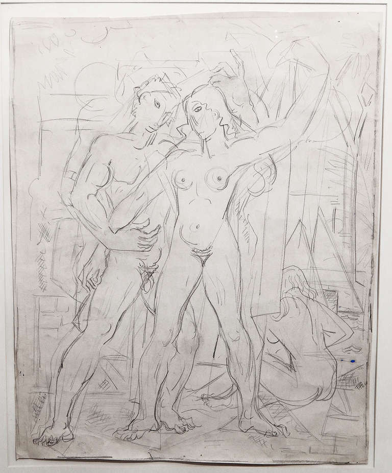 This mural preparatory drawing by Fely-Mouttet, best known for his abstract paintings from the 1940s and 1950s, is a fine example of Art Deco figural design. Stylized and abstracted, it still conveys the sensual connection between Adam and Eve. 