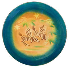 "Frolicking Zebras," Important Art Deco Enamel Charger by Winter