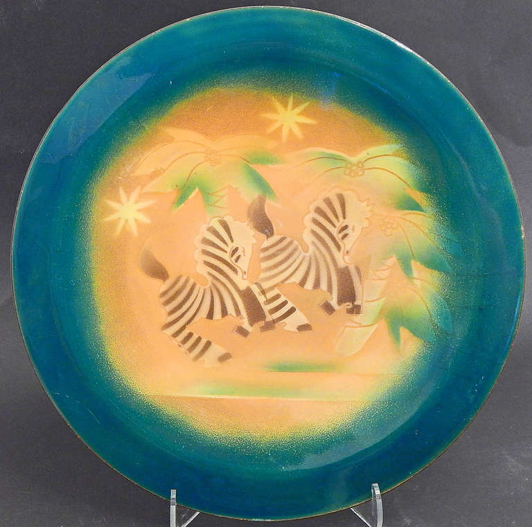 "Frolicking Zebras, " Important Art Deco Enamel Charger by Winter