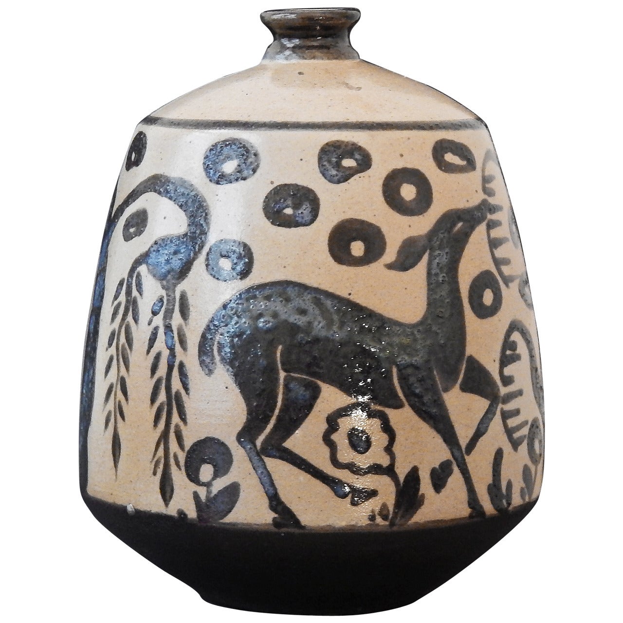 Hervorragende Art-Déco-Vase "" Hirsche mit blühender Weide" von Primavera, Frankreich