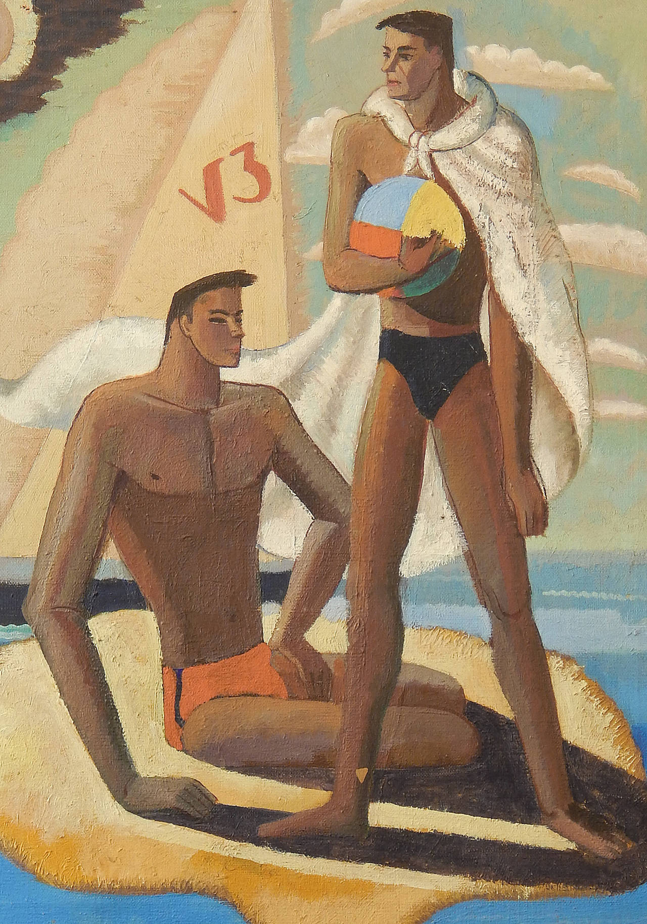 Superbly conceived and executed in a palette of deep blues, rich browns and sandy whites, this sun-drenched depiction of two swim-suited male figures with a sail boat and scudding clouds behind, clearly shows the influence of Cubism on 1930s