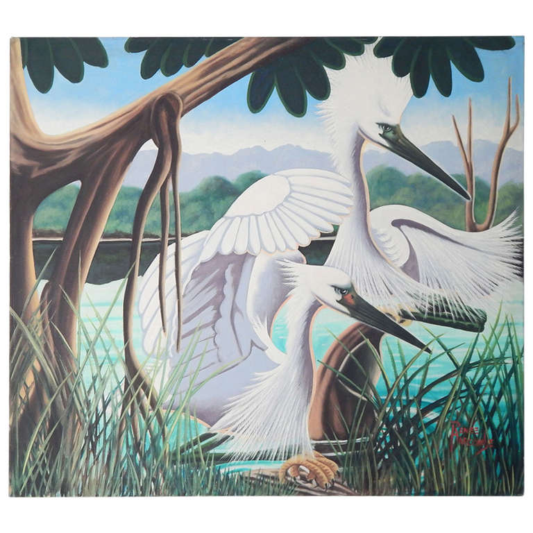 "Snowy Egrets and Cypress," Large Art Deco Painting by Harcombe